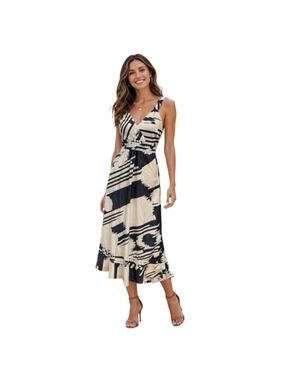 Principles Silk Blend Abstract Midi Dress Size 10 Navy Cream V Neck A Line